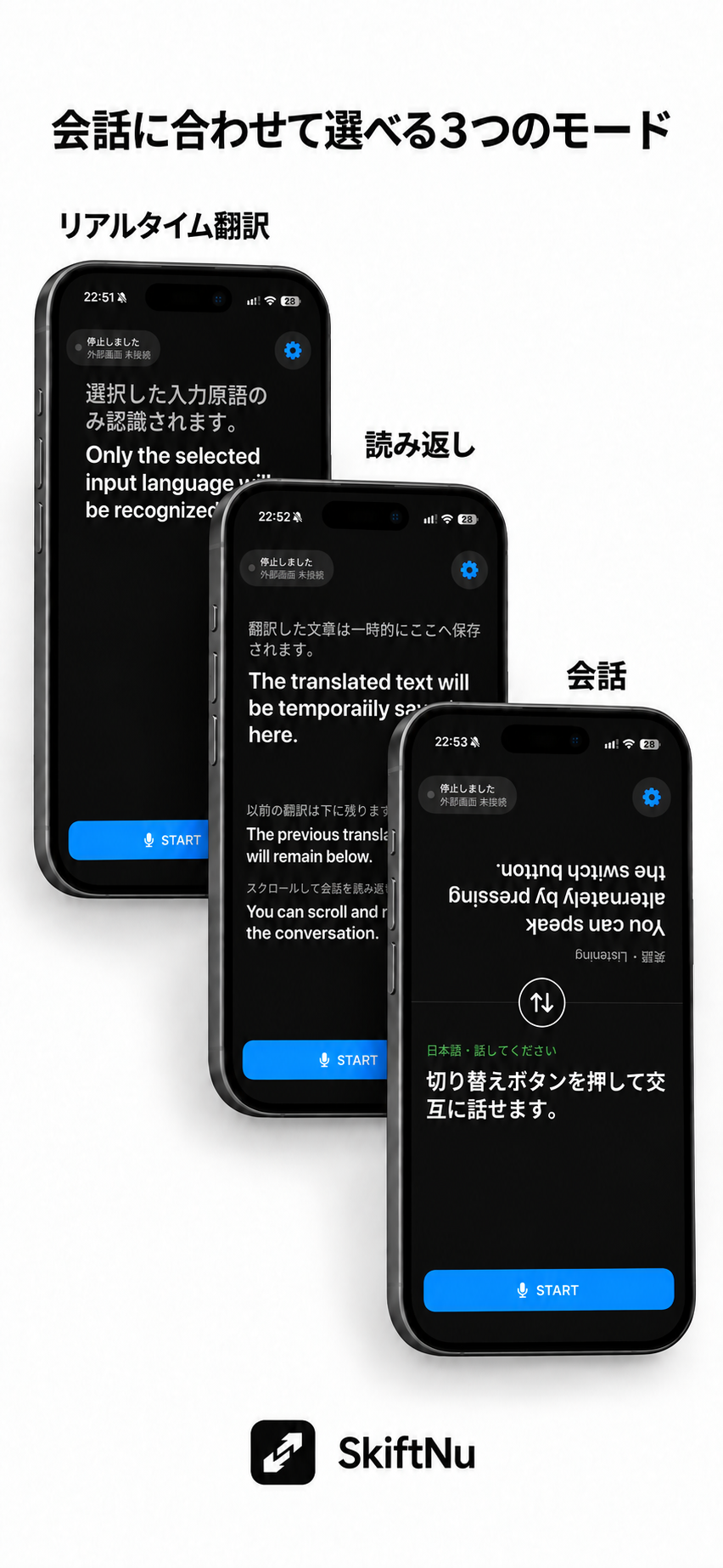 リアルタイム翻訳、読み返し、会話の3モード